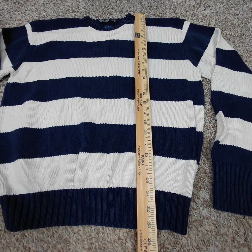 Vintage 90s Polo Ralph Lauren Sweater Mens Medium Blue White Stripe Chunky Knit